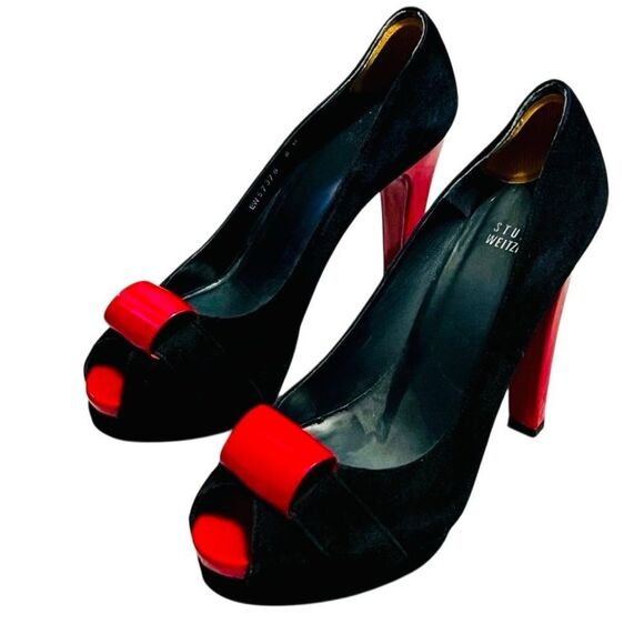 Stuart Weitzman Black Red Lacquer Pin Up Goth Vamp Peep Toe platform Heel 8 - Picture 8 of 15